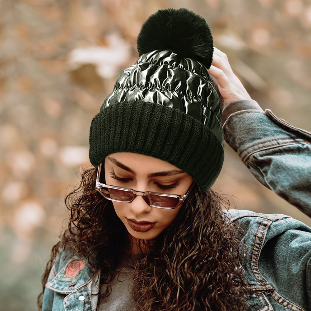 HATEGORY Fleece Lining Puffer Knit Pom Pom Beanie Hat