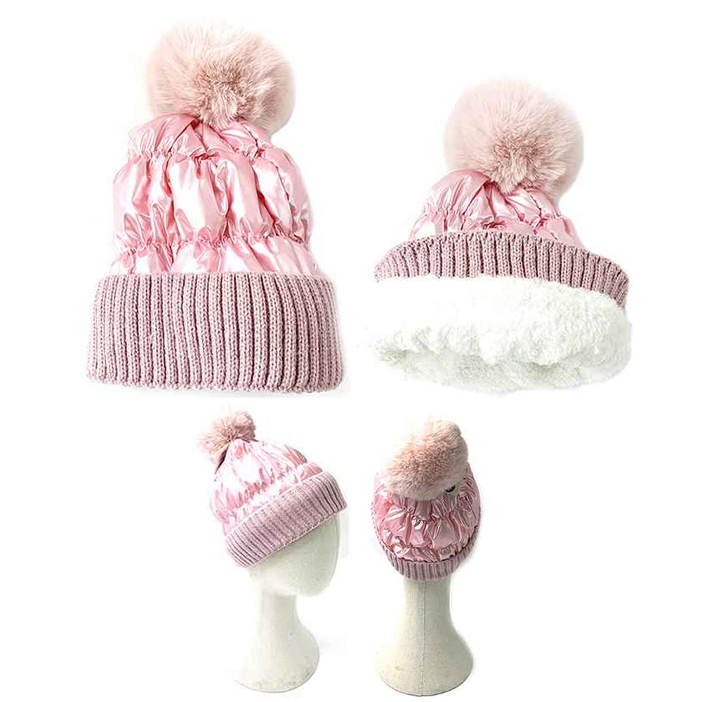 HATEGORY Fleece Lining Puffer Knit Pom Pom Beanie Hat