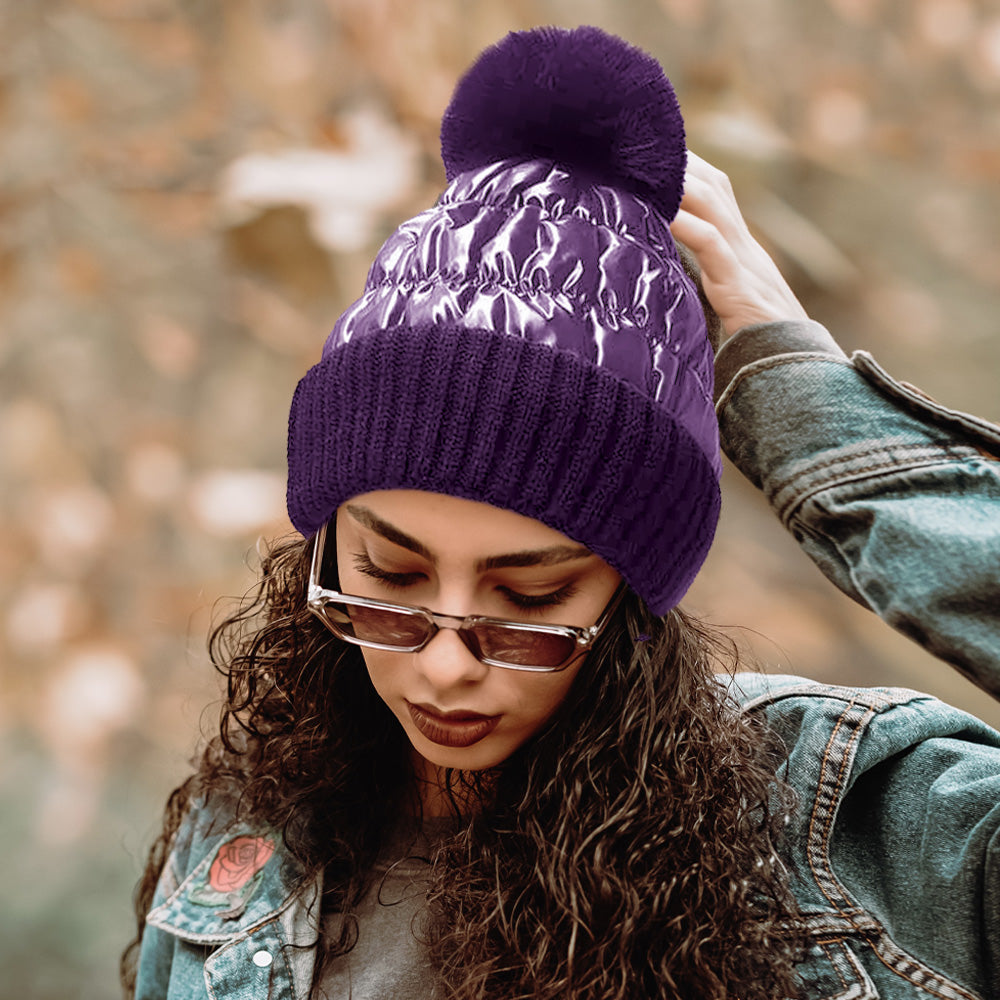 HATEGORY Fleece Lining Puffer Knit Pom Pom Beanie Hat