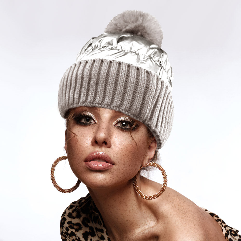 HATEGORY Fleece Lining Puffer Knit Pom Pom Beanie Hat