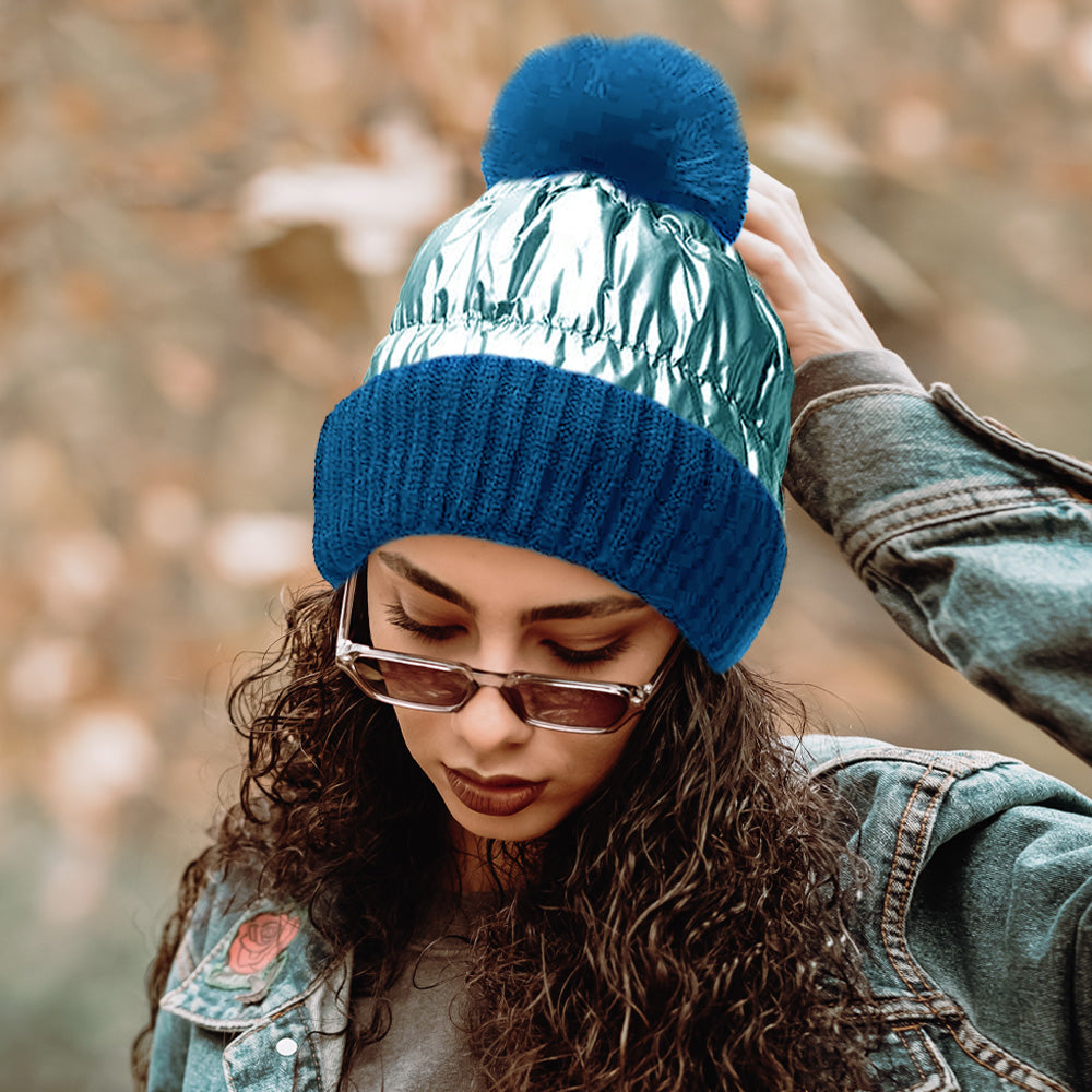 HATEGORY Fleece Lining Puffer Knit Pom Pom Beanie Hat