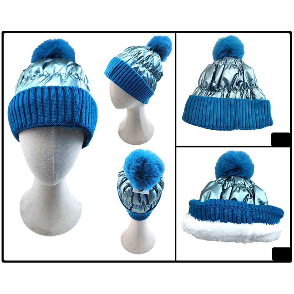 HATEGORY Fleece Lining Puffer Knit Pom Pom Beanie Hat