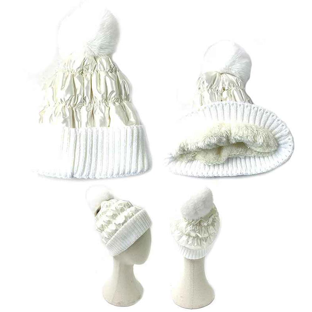 HATEGORY Fleece Lining Puffer Knit Pom Pom Beanie Hat