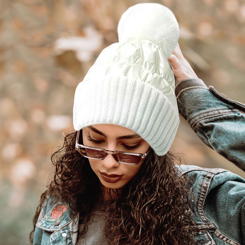 HATEGORY Fleece Lining Puffer Knit Pom Pom Beanie Hat
