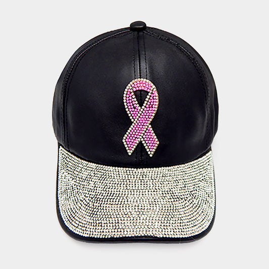 HATEGORY Pink Ribbon Accented Rhinestone Embellished Baseball Cap