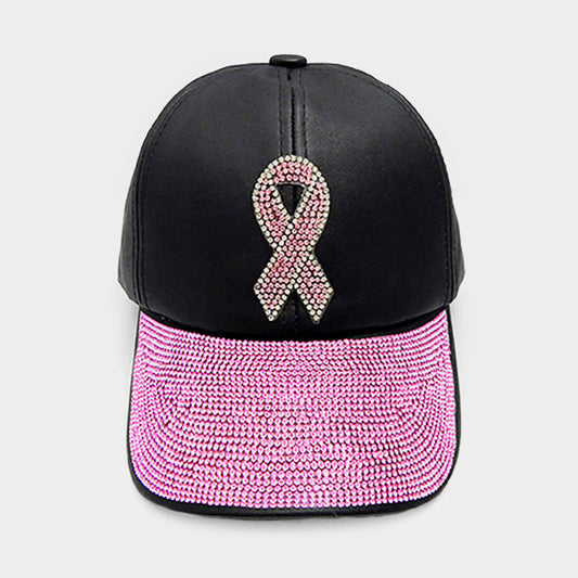 HATEGORY Pink Ribbon Accented Rhinestone Embellished Baseball Cap