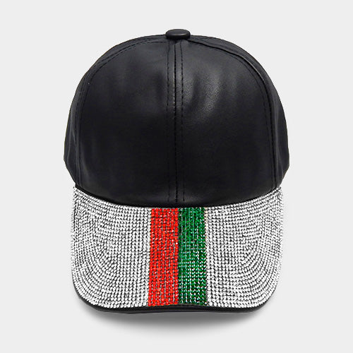 HATEGORY Crystal Embellished Color Block Leather Baseball Cap