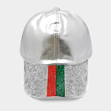 HATEGORY Crystal Embellished Color Block Leather Baseball Cap
