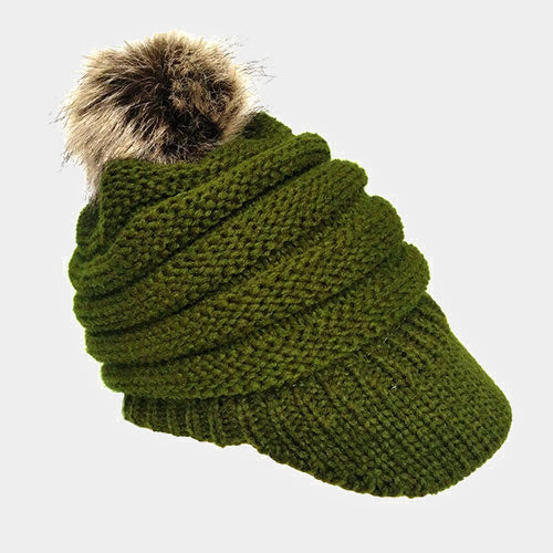 HATEGORY Soft Knit Faux Pom Pom Visor Hat