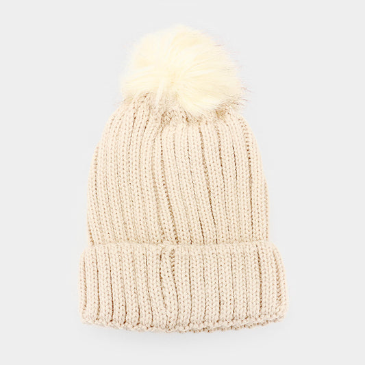 HATEGORY Cable Knit Faux Pom Pom Beanie Hat