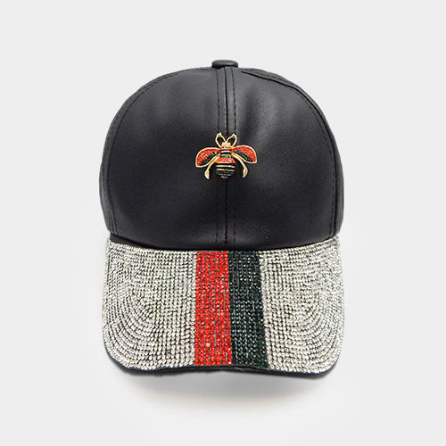 HATEGORY Crystal Embellished Metal Honey Bee Accented Leather Cap