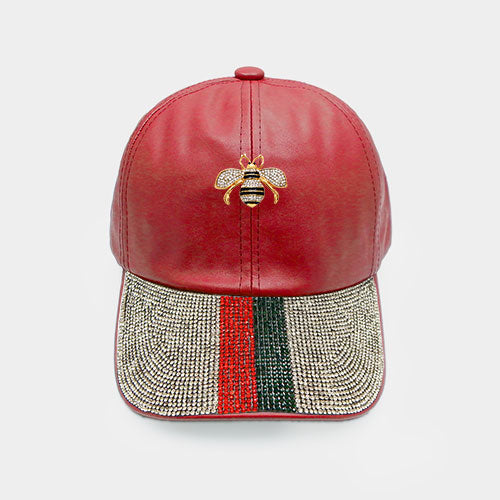 HATEGORY Crystal Embellished Metal Honey Bee Accented Leather Cap