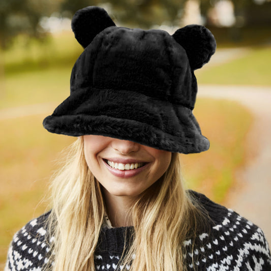HATEGORY Faux Fur Bear Ear Bucket Hat