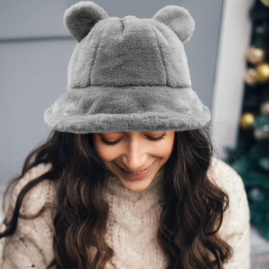 HATEGORY Faux Fur Bear Ear Bucket Hat