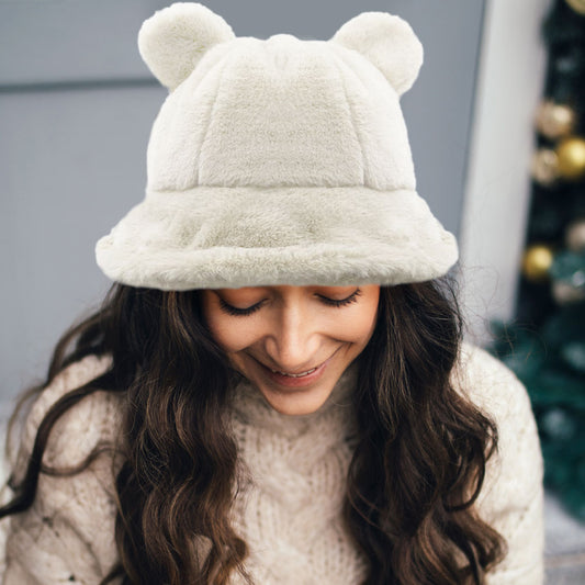 HATEGORY Faux Fur Bear Ear Bucket Hat