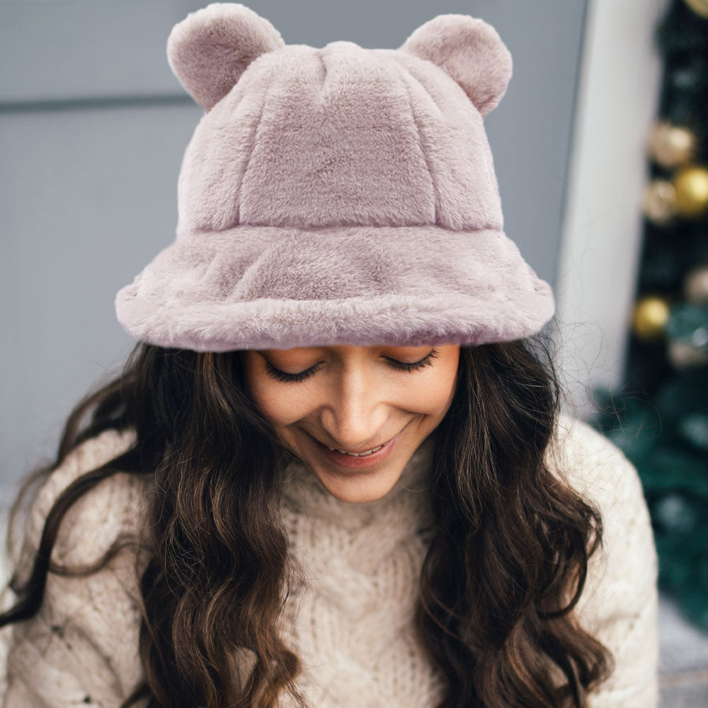 HATEGORY Faux Fur Bear Ear Bucket Hat