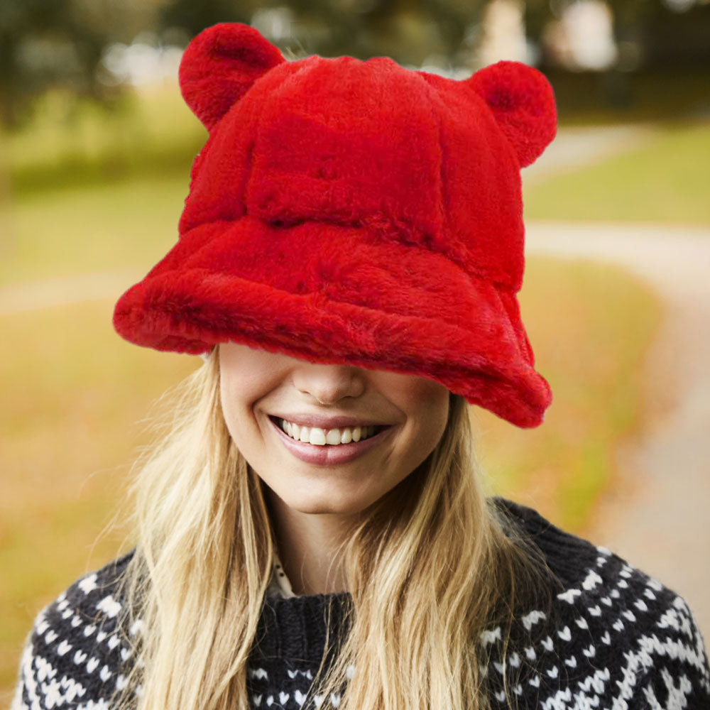 HATEGORY Faux Fur Bear Ear Bucket Hat
