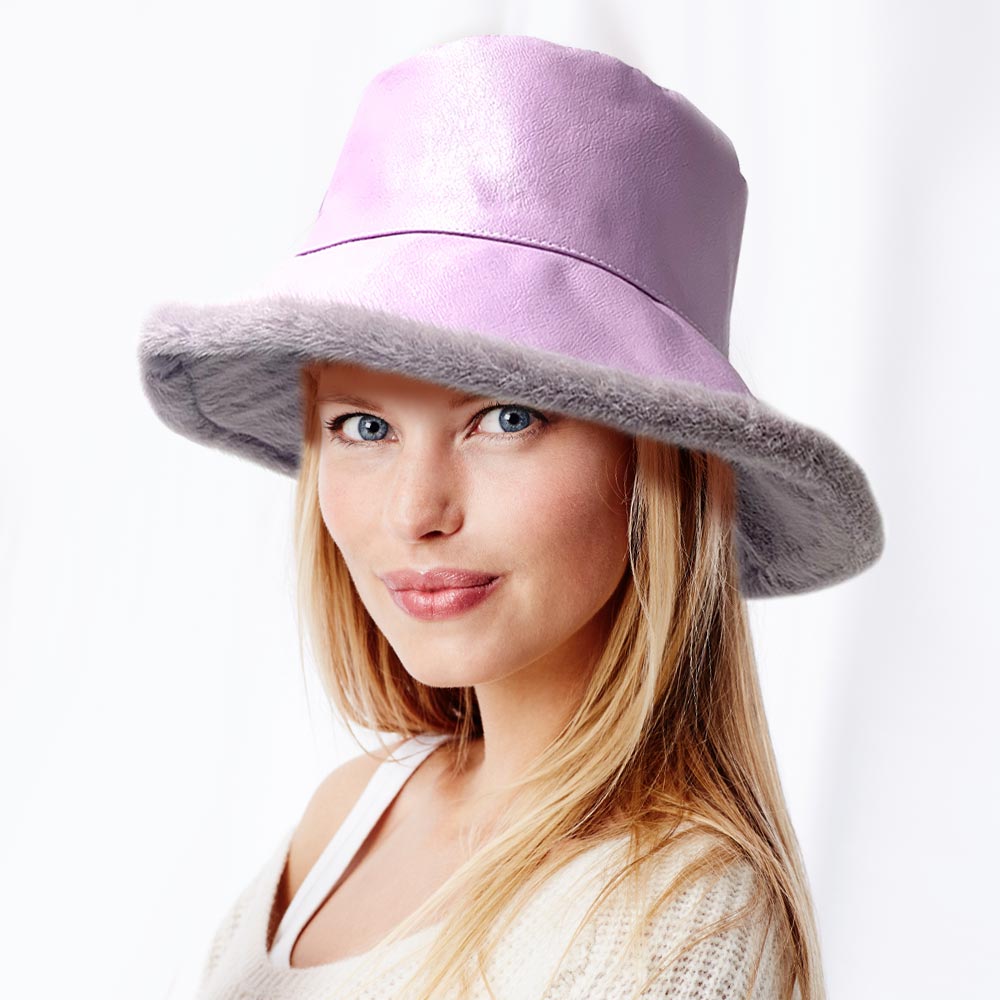 HATEGORY Faux Fur Inside Brim Solid Bucket Hat