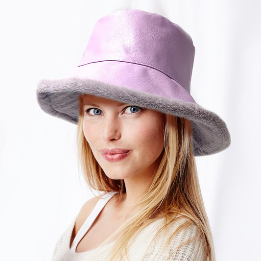HATEGORY Faux Fur Inside Brim Solid Bucket Hat