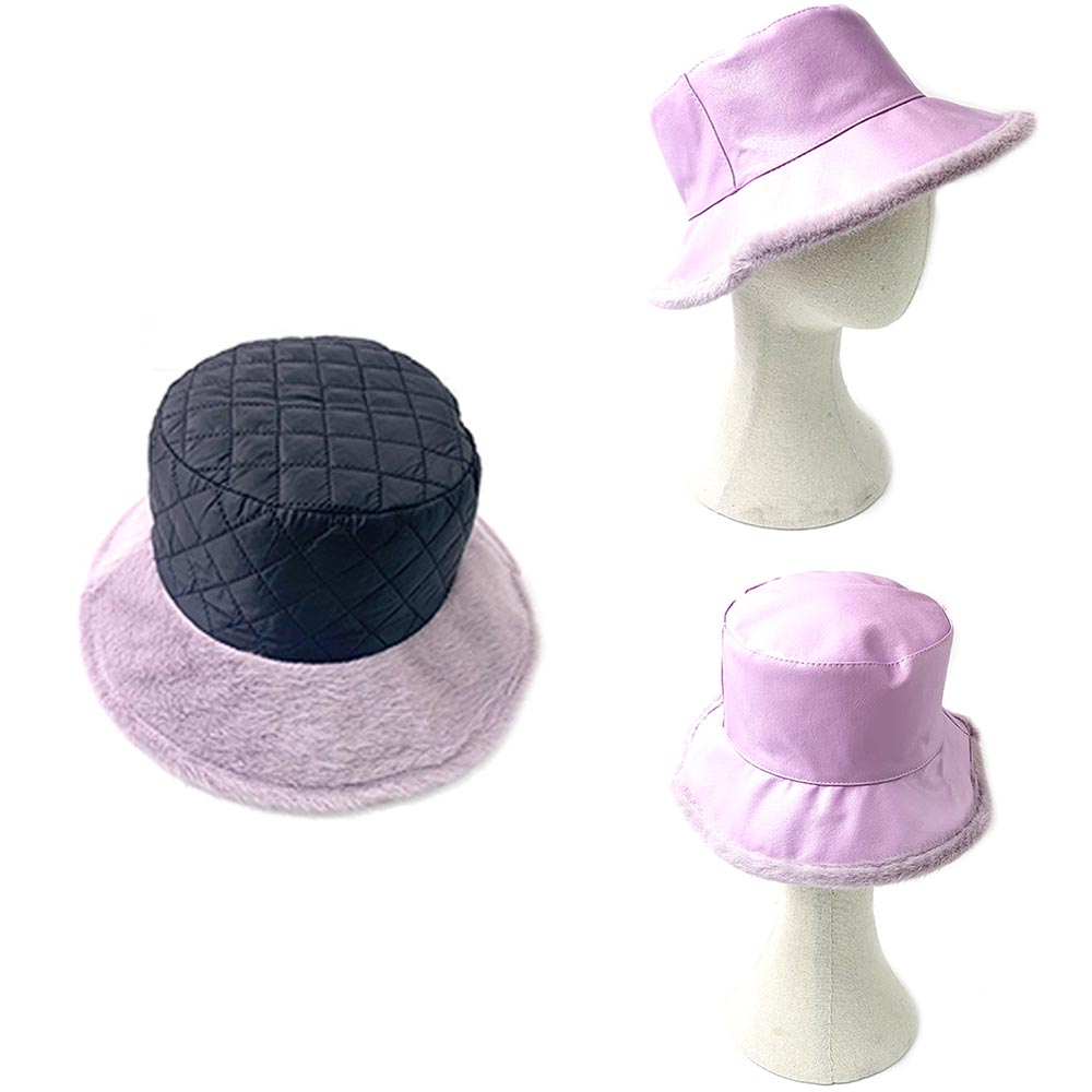 HATEGORY Faux Fur Inside Brim Solid Bucket Hat