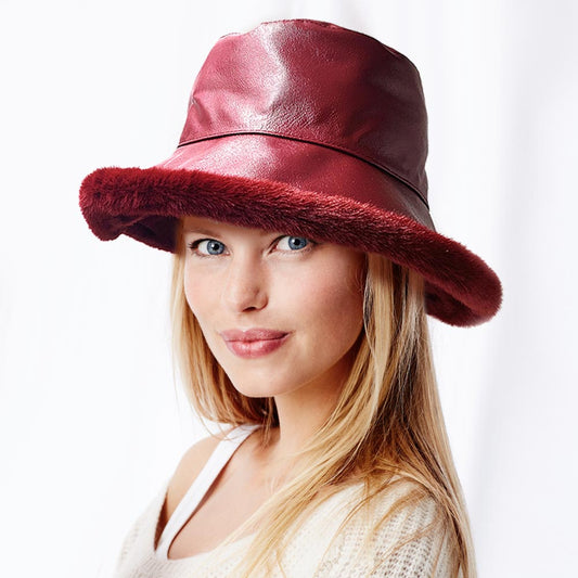 HATEGORY Faux Fur Inside Brim Solid Bucket Hat