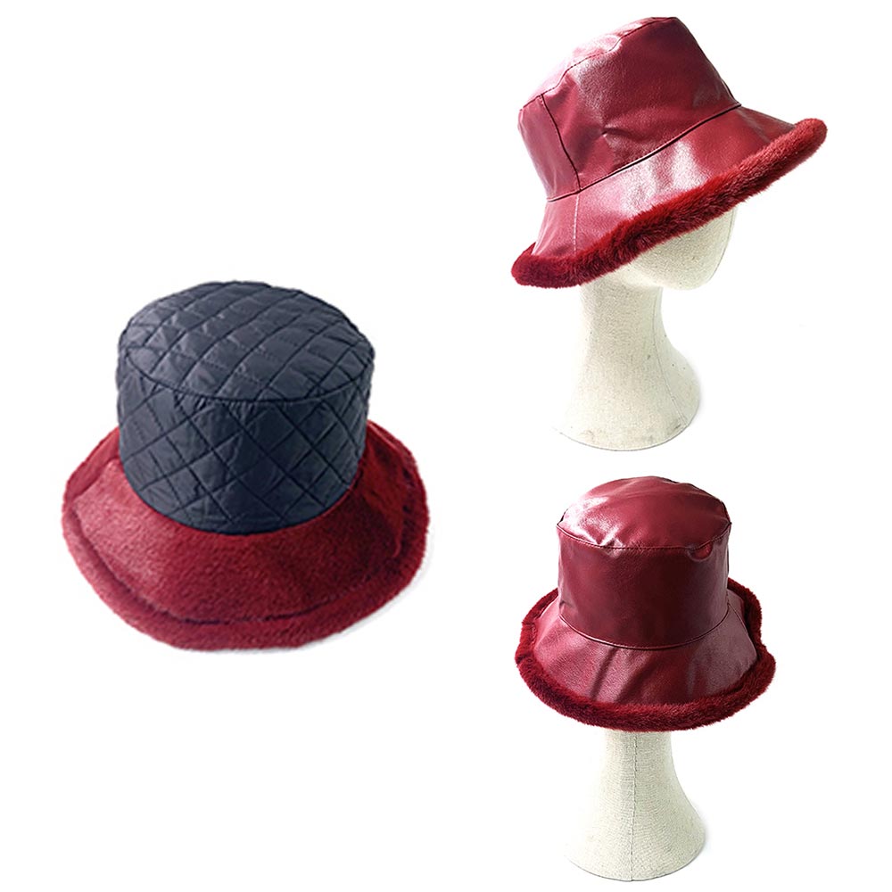 HATEGORY Faux Fur Inside Brim Solid Bucket Hat