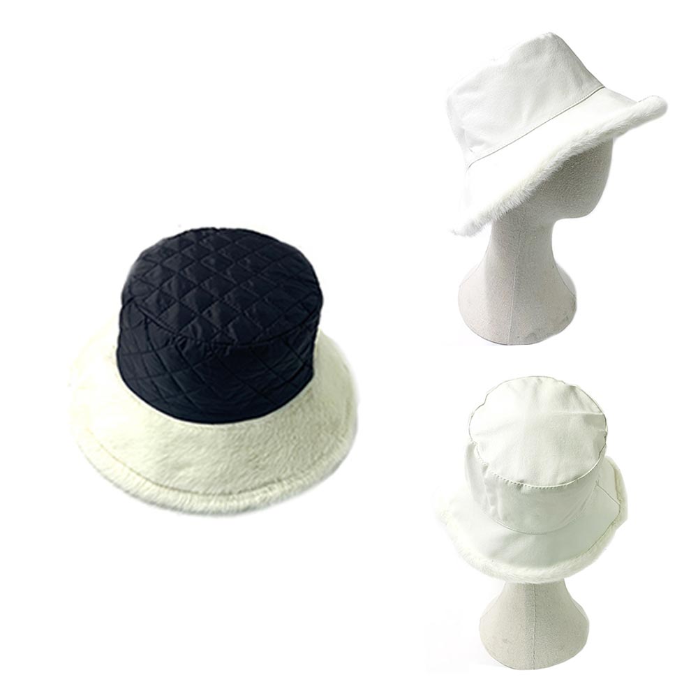 HATEGORY Faux Fur Inside Brim Solid Bucket Hat