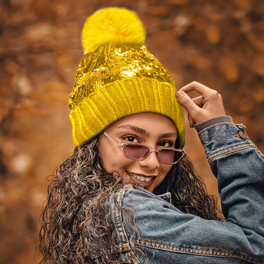 HATEGORY Sequin Knit Pom Pom Beanie Hat