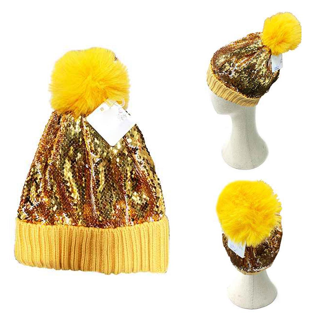 HATEGORY Sequin Knit Pom Pom Beanie Hat