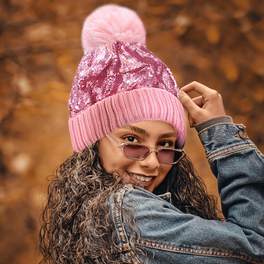 HATEGORY Sequin Knit Pom Pom Beanie Hat