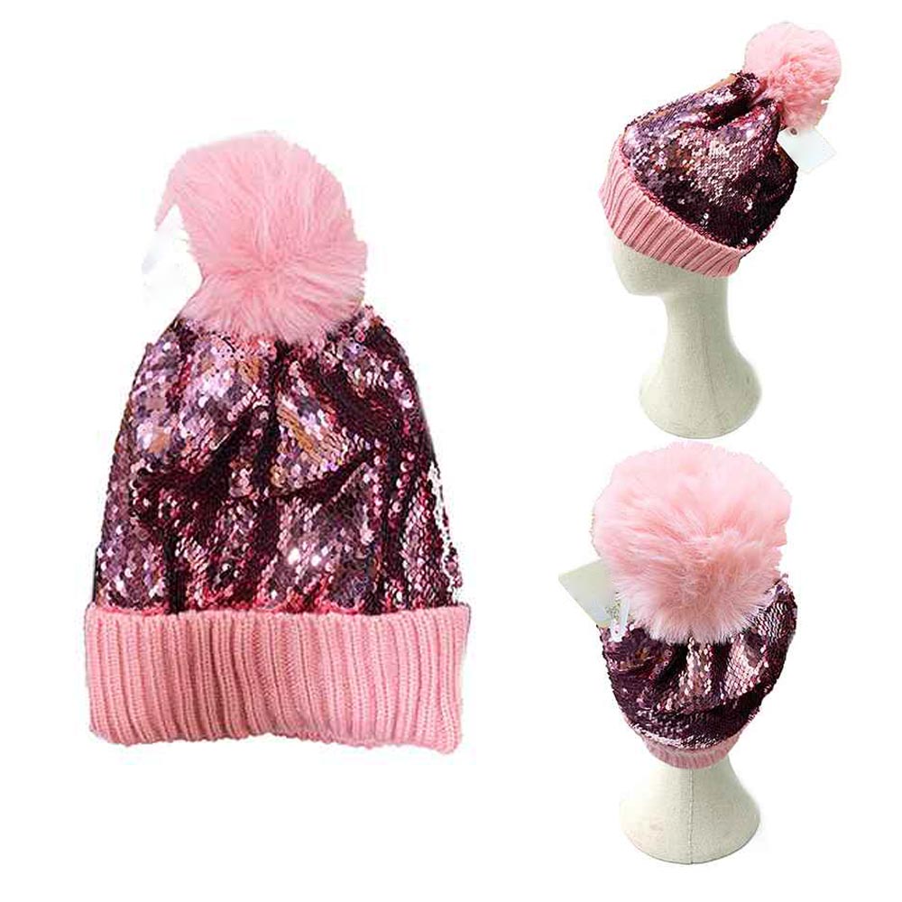 HATEGORY Sequin Knit Pom Pom Beanie Hat