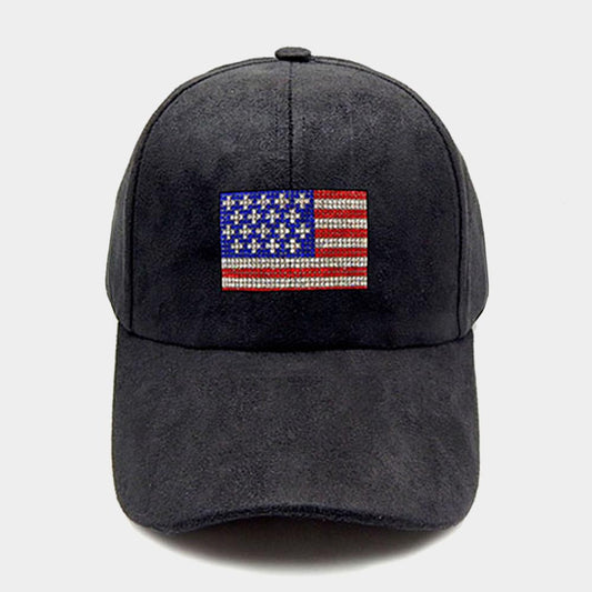 HATEGORY Bling American USA Flag Suede Baseball Cap