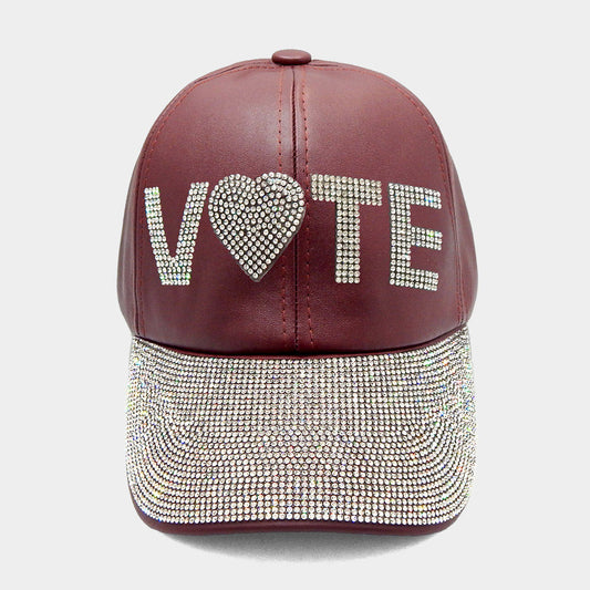 HATEGORY Faux Leather Vote Message Rhinestone Embellished Baseball Cap