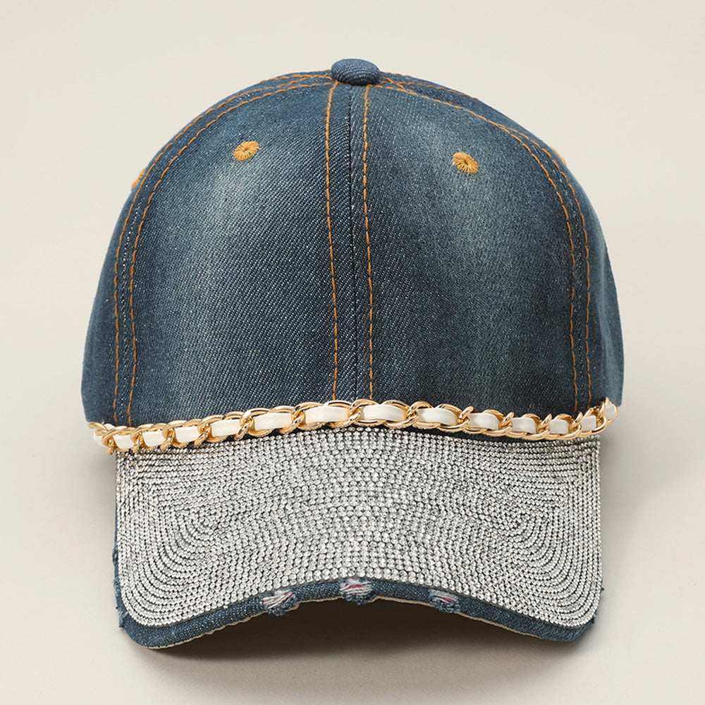 HATEGORY Chain Detail Bling Studded Brim Denim Vintage Baseball Cap