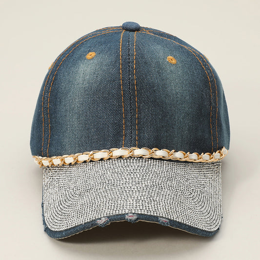 HATEGORY Chain Detail Bling Studded Brim Denim Vintage Baseball Cap
