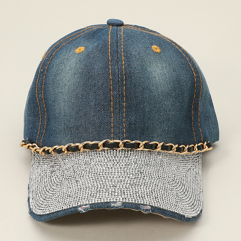 HATEGORY Chain Detail Bling Studded Brim Denim Vintage Baseball Cap