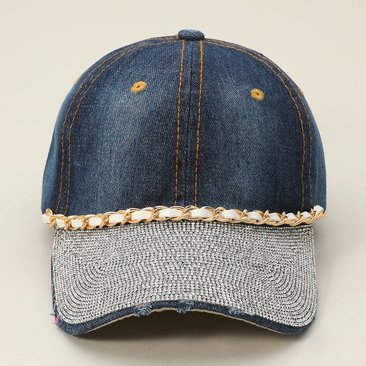 HATEGORY Chain Detail Bling Studded Brim Denim Vintage Baseball Cap
