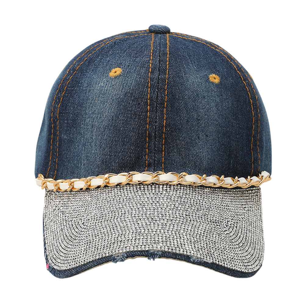 HATEGORY Chain Detail Bling Studded Brim Denim Vintage Baseball Cap