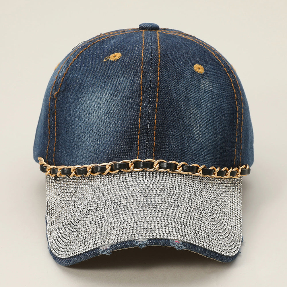 HATEGORY Chain Detail Bling Studded Brim Denim Vintage Baseball Cap