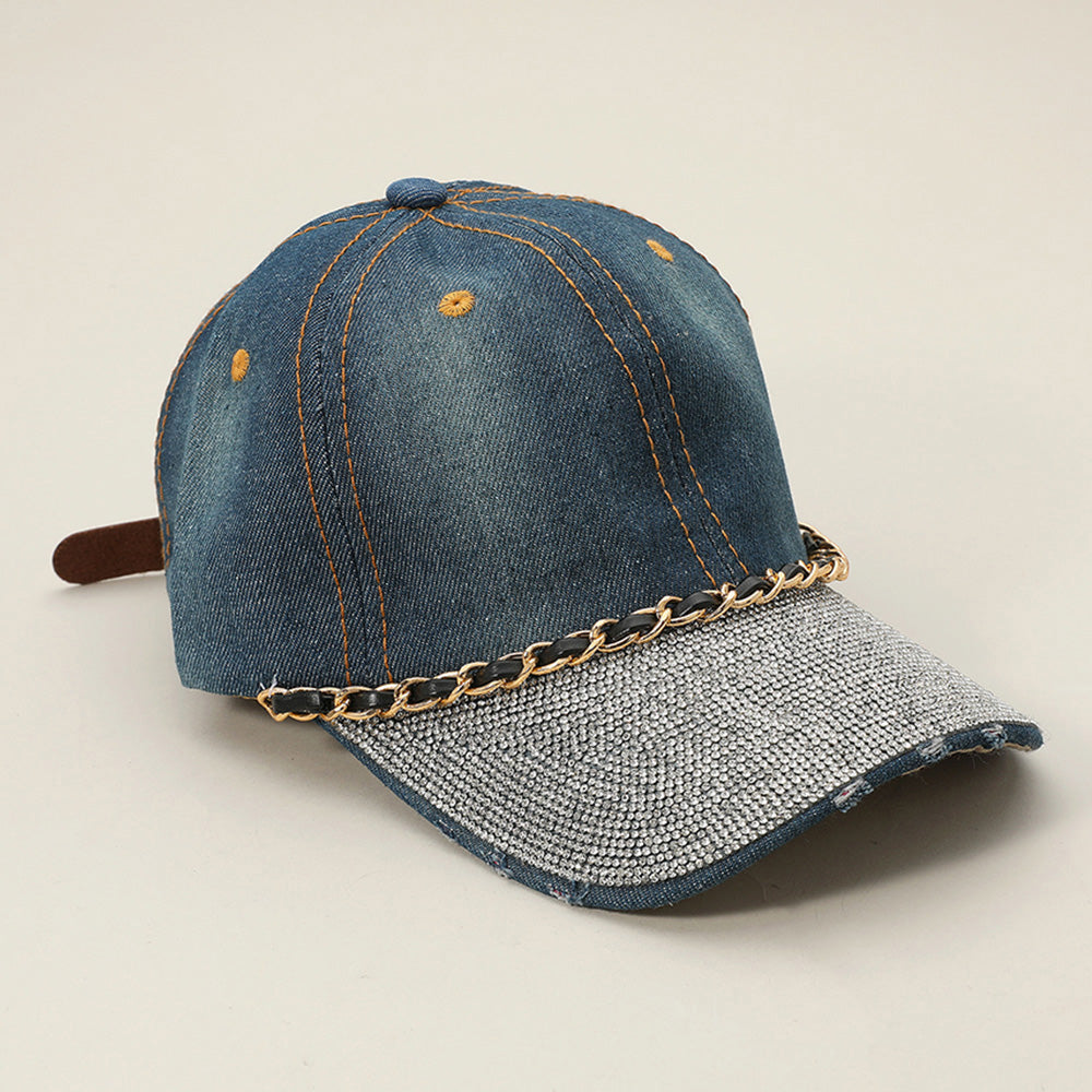HATEGORY Chain Detail Bling Studded Brim Denim Vintage Baseball Cap