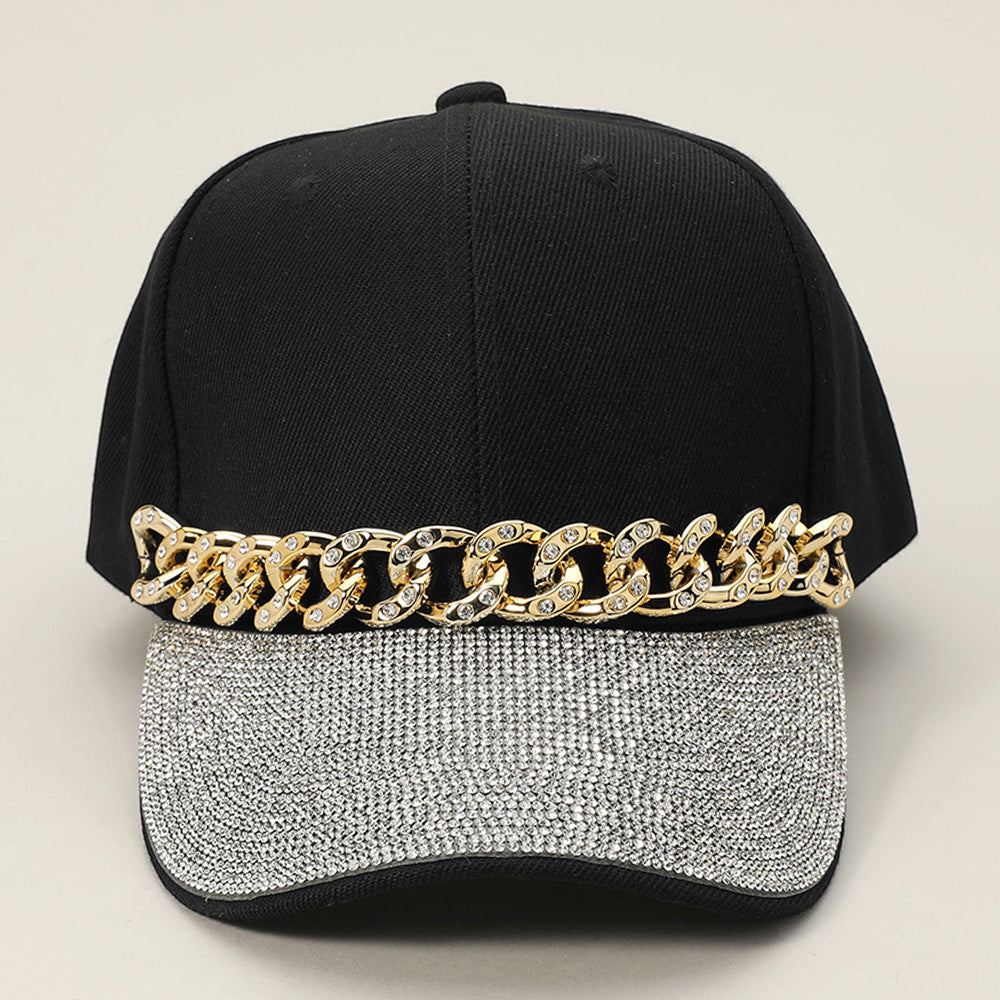 HATEGORY Bling Studded Chain Detail Brim Baseball Cap