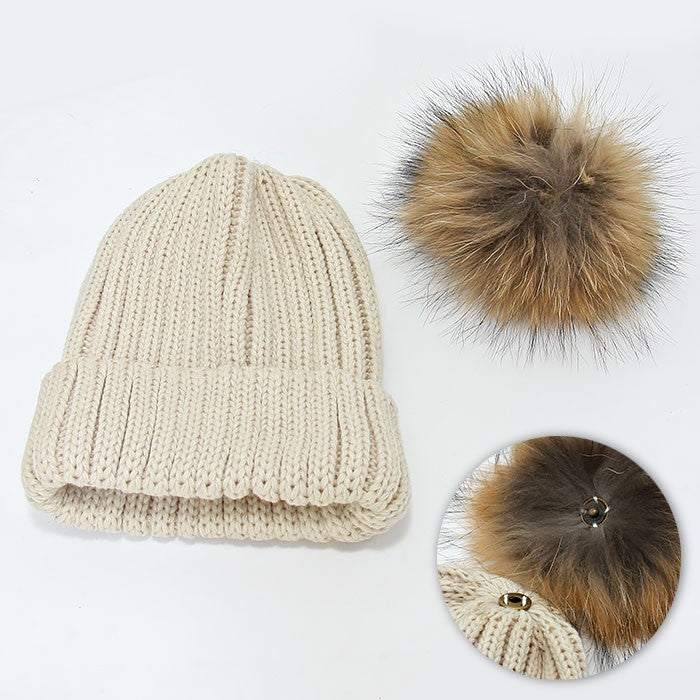 HATEGORY Detachable Genuine Fox Fur Pom Pom Fold Over Knit Beanie Hat