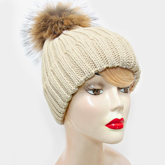 HATEGORY Detachable Genuine Fox Fur Pom Pom Fold Over Knit Beanie Hat