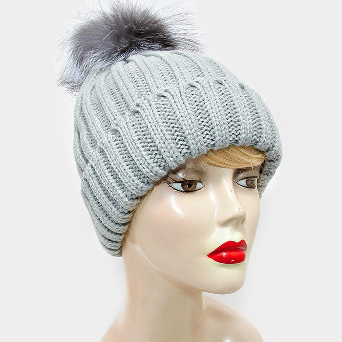 HATEGORY Detachable Genuine Fox Fur Pom Pom Fold Over Knit Beanie Hat
