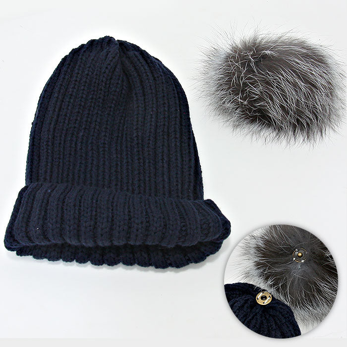 HATEGORY Detachable Genuine Fox Fur Pom Pom Fold Over Knit Beanie Hat
