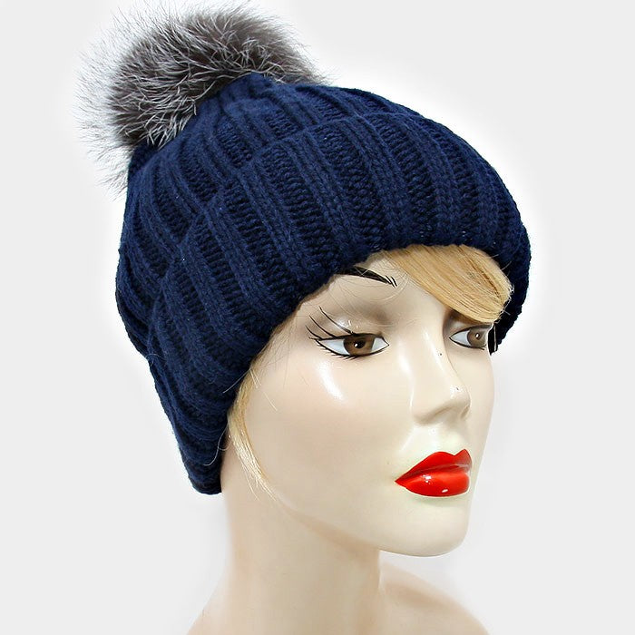 HATEGORY Detachable Genuine Fox Fur Pom Pom Fold Over Knit Beanie Hat