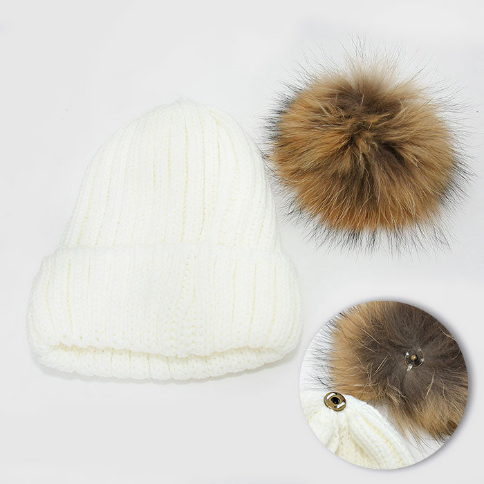 HATEGORY Detachable Genuine Fox Fur Pom Pom Fold Over Knit Beanie Hat