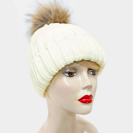 HATEGORY Detachable Genuine Fox Fur Pom Pom Fold Over Knit Beanie Hat