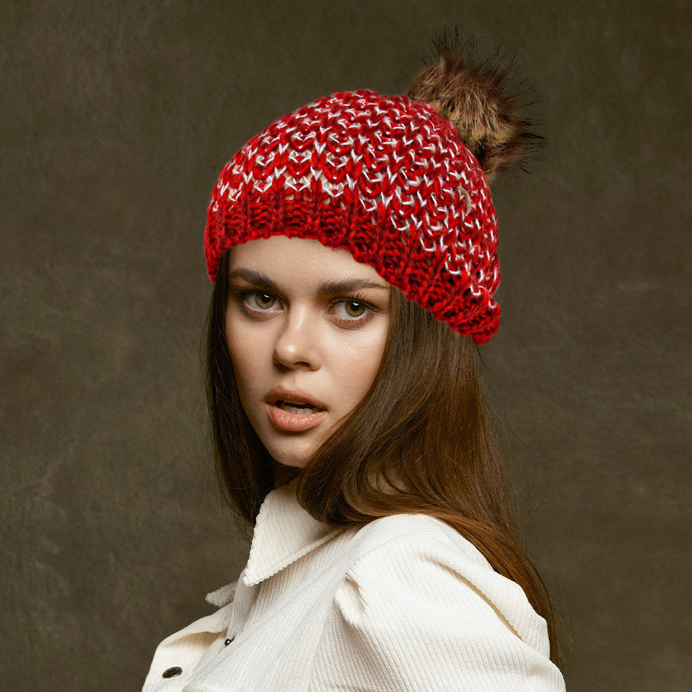 HATEGORY Chunky Two Tone Knit Pom Pom Beanie Hat