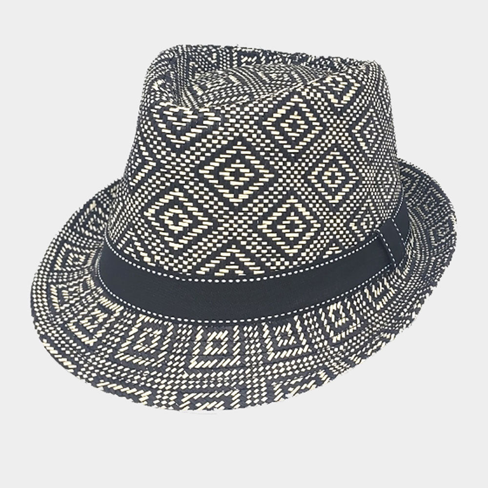 HATEGORY Boho Aztec Patterned Straw Fedora Hat